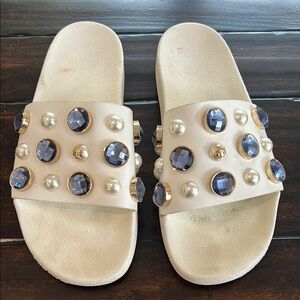 Tory Burch Cream and Blue Embellished Sandals